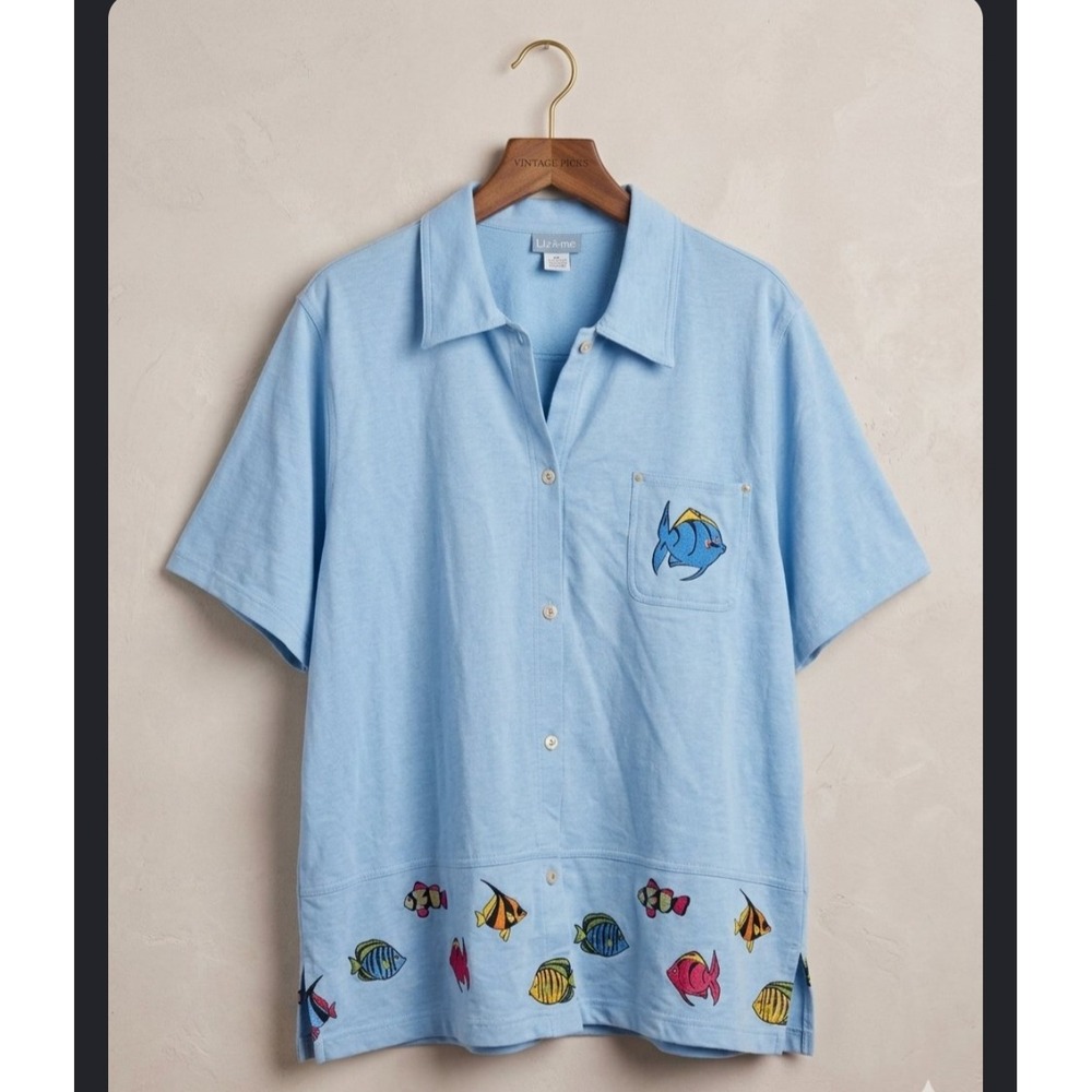 Liz & Me Womens 3X Blue Cotton Tropical Fish Button Front Shirt Short Sleeve NWT